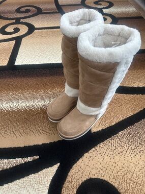 Madden Girl Tan Suede Knee-High Boots with Cream Shearling Trim